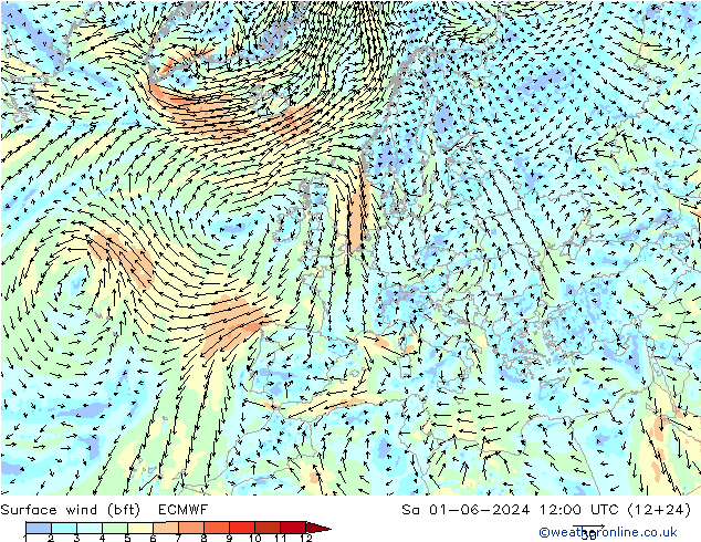 �N 10 米 (bft) ECMWF 星期六 01.06.2024 12 UTC