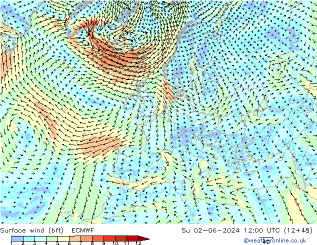 Surface wind (bft) ECMWF Su 02.06.2024 12 UTC