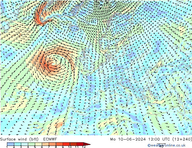 Bodenwind (bft) ECMWF Mo 10.06.2024 12 UTC