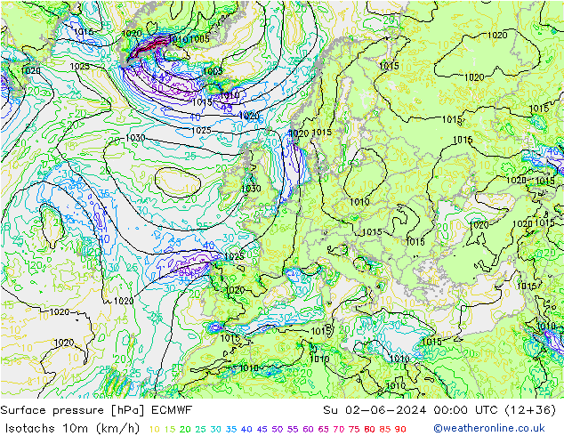 Isotachs (kph) ECMWF dom 02.06.2024 00 UTC