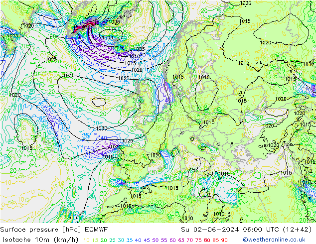 Isotachs (kph) ECMWF Вс 02.06.2024 06 UTC