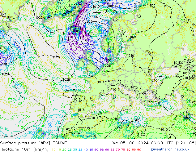 Izotacha (km/godz) ECMWF śro. 05.06.2024 00 UTC
