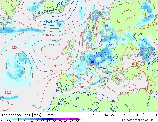 Totale neerslag (6h) ECMWF za 01.06.2024 12 UTC