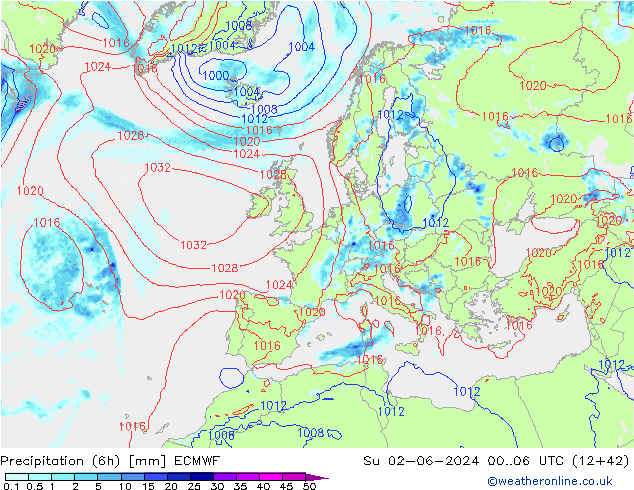 Z500/Yağmur (+YB)/Z850 ECMWF Paz 02.06.2024 06 UTC