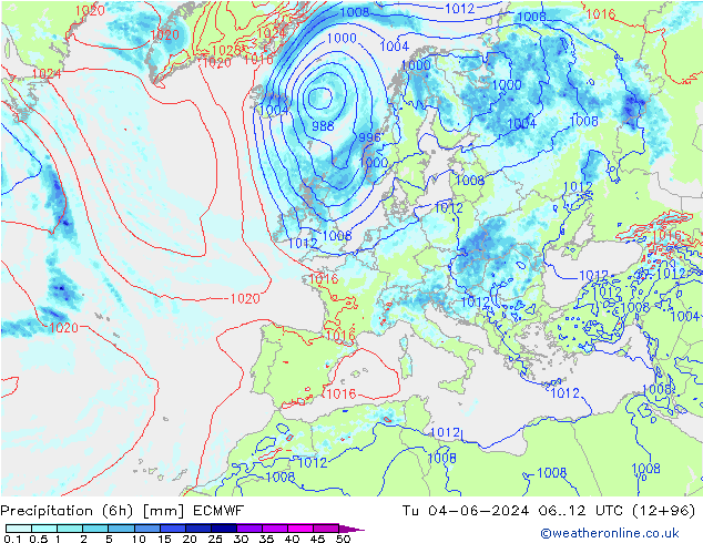 Z500/Rain (+SLP)/Z850 ECMWF Tu 04.06.2024 12 UTC