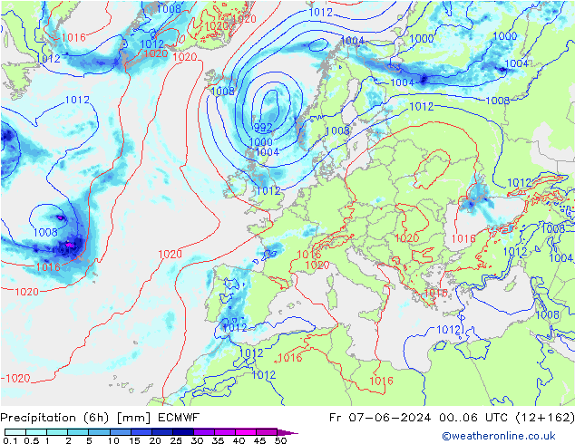 Z500/Rain (+SLP)/Z850 ECMWF vie 07.06.2024 06 UTC