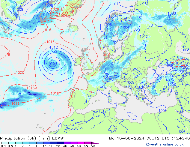 Precipitazione (6h) ECMWF lun 10.06.2024 12 UTC