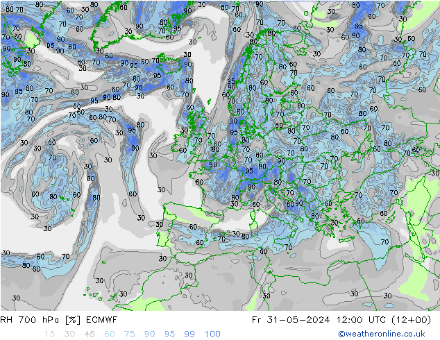 RH 700 hPa ECMWF Pá 31.05.2024 12 UTC