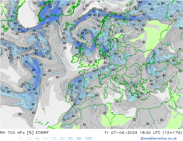 RH 700 hPa ECMWF ven 07.06.2024 18 UTC