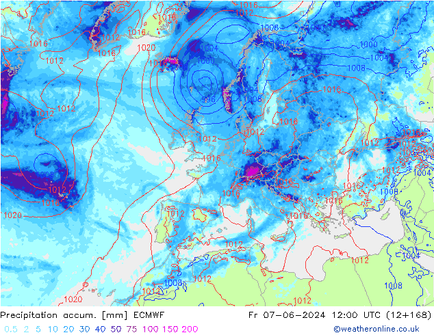 Totale neerslag ECMWF vr 07.06.2024 12 UTC