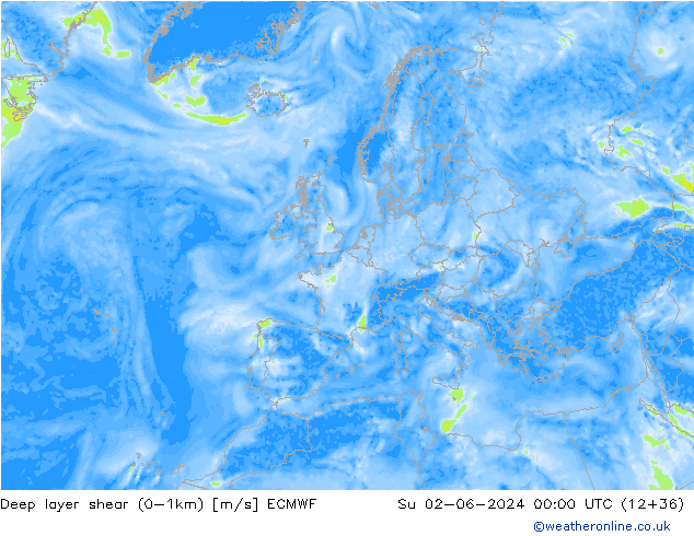 Deep layer shear (0-1km) ECMWF So 02.06.2024 00 UTC