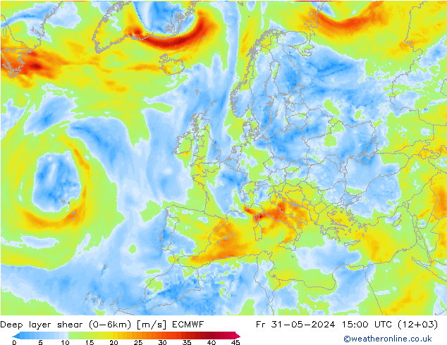 Deep layer shear (0-6km) ECMWF pt. 31.05.2024 15 UTC