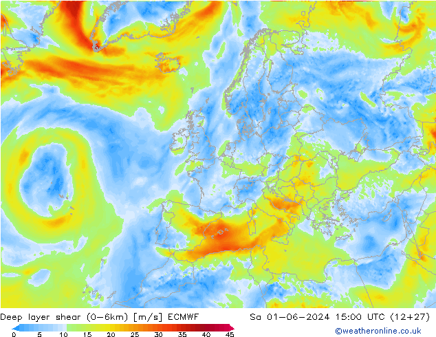 Deep layer shear (0-6km) ECMWF Sáb 01.06.2024 15 UTC