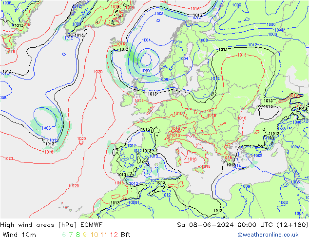 High wind areas ECMWF Sáb 08.06.2024 00 UTC