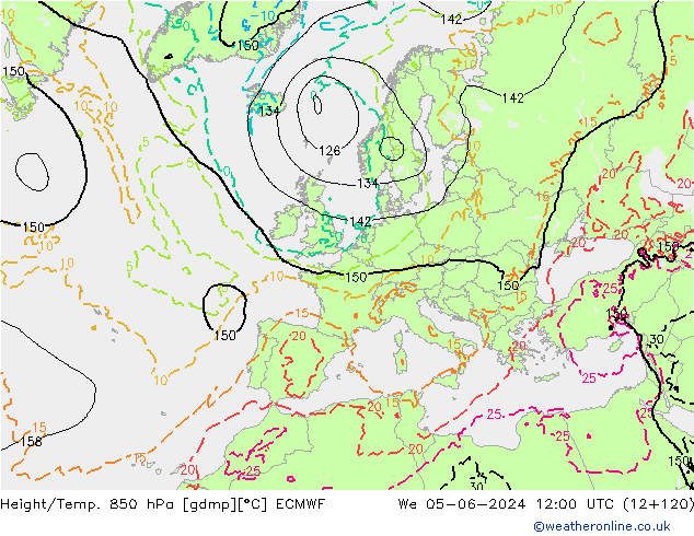 Z500/Yağmur (+YB)/Z850 ECMWF Çar 05.06.2024 12 UTC