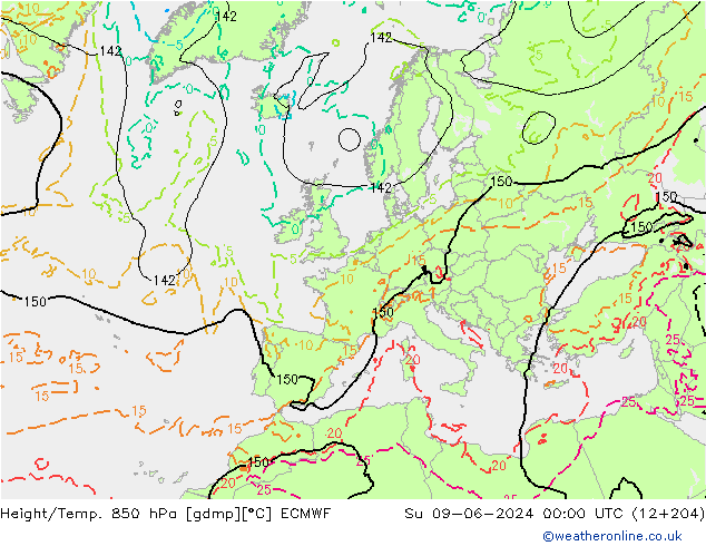 Height/Temp. 850 гПа ECMWF Вс 09.06.2024 00 UTC