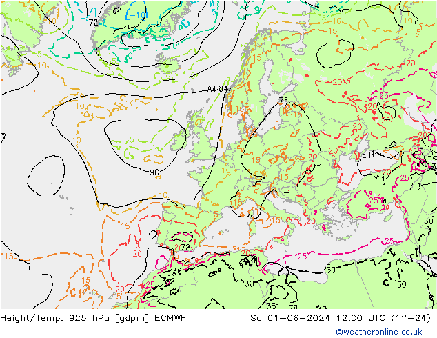 Height/Temp. 925 hPa ECMWF Sáb 01.06.2024 12 UTC