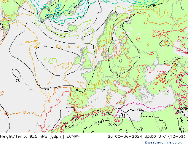 Geop./Temp. 925 hPa ECMWF dom 02.06.2024 03 UTC