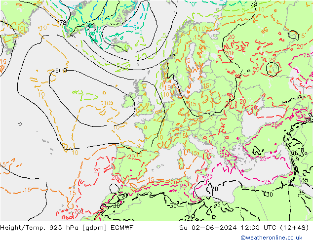 Height/Temp. 925 hPa ECMWF Su 02.06.2024 12 UTC