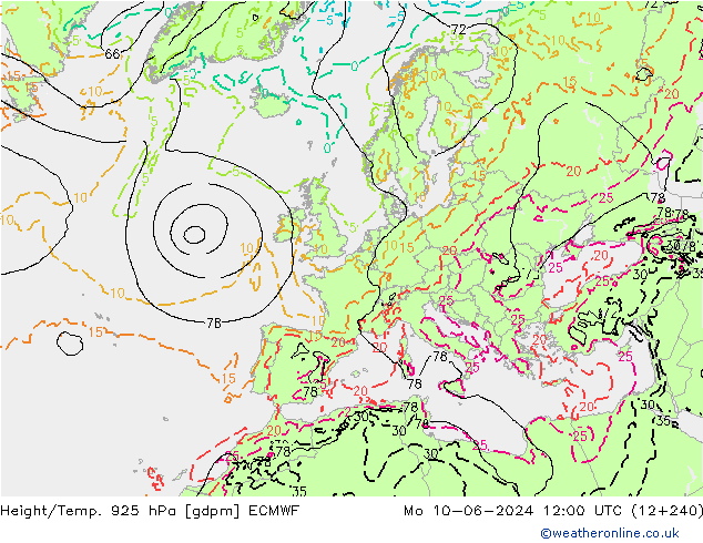Height/Temp. 925 hPa ECMWF Mo 10.06.2024 12 UTC