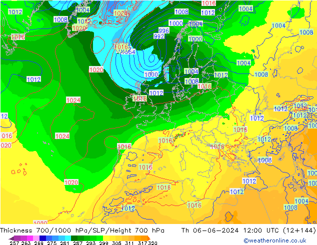 Thck 700-1000 hPa ECMWF gio 06.06.2024 12 UTC