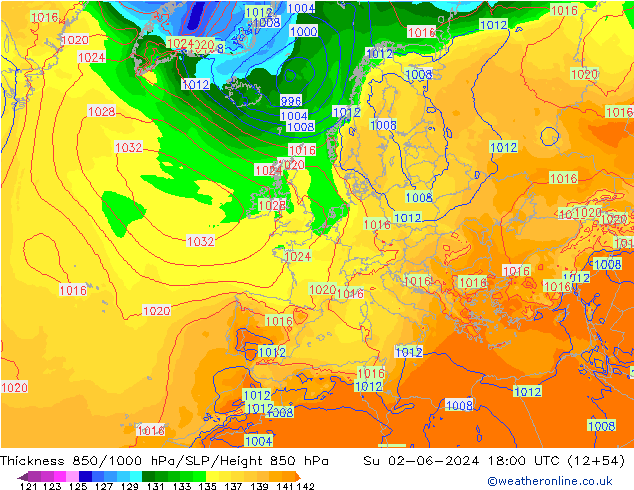 Schichtdicke 850-1000 hPa ECMWF So 02.06.2024 18 UTC