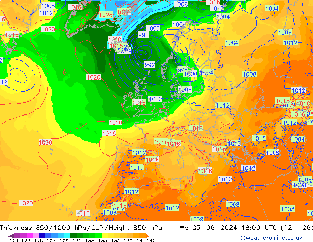 Dikte 850-1000 hPa ECMWF wo 05.06.2024 18 UTC