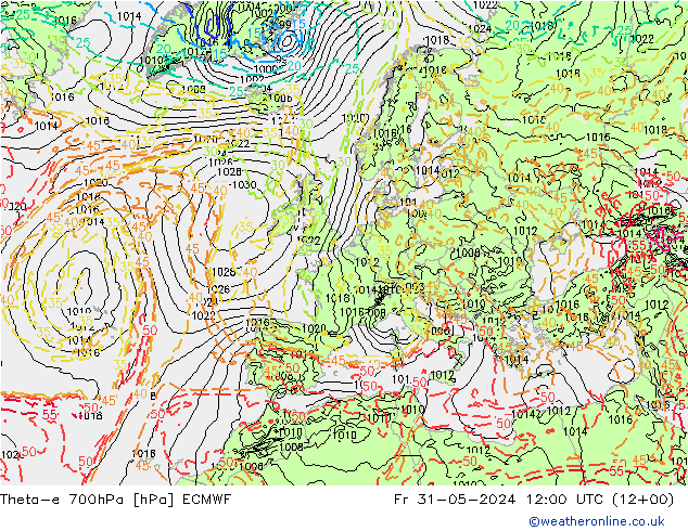 Theta-e 700hPa ECMWF 星期五 31.05.2024 12 UTC