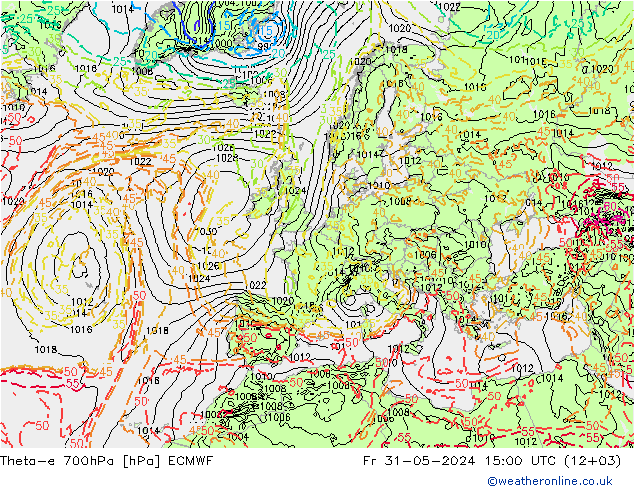 Theta-e 700hPa ECMWF Fr 31.05.2024 15 UTC