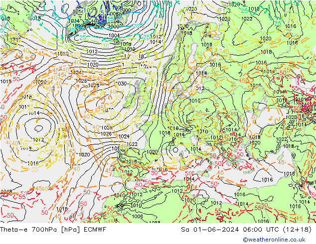 Theta-e 700hPa ECMWF sáb 01.06.2024 06 UTC