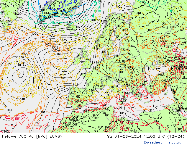 Theta-e 700hPa ECMWF 星期六 01.06.2024 12 UTC