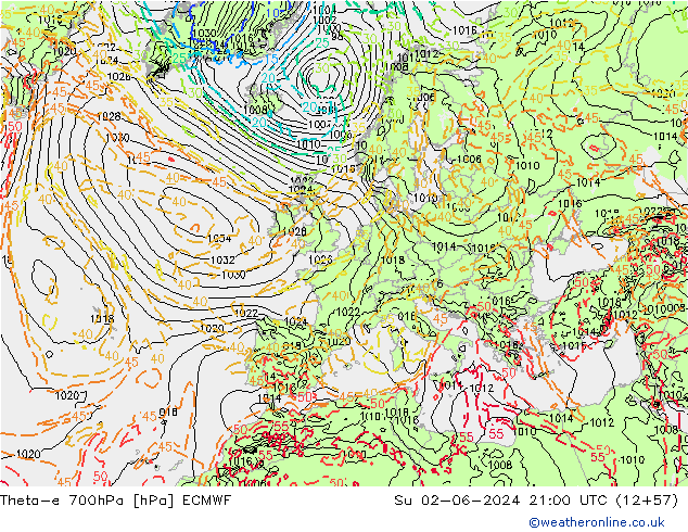 Theta-e 700hPa ECMWF zo 02.06.2024 21 UTC