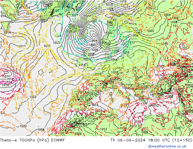 Theta-e 700hPa ECMWF czw. 06.06.2024 18 UTC