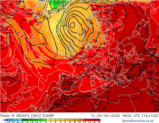 Theta-W 850hPa ECMWF Tu 04.06.2024 18 UTC