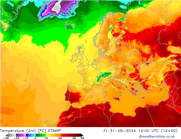 Temperatura (2m) ECMWF ven 31.05.2024 12 UTC