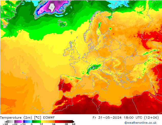 Temperatuurkaart (2m) ECMWF vr 31.05.2024 18 UTC