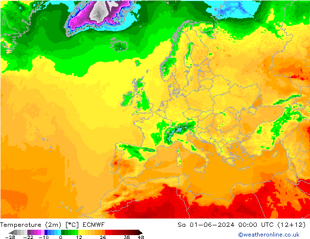 Temperatura (2m) ECMWF sab 01.06.2024 00 UTC