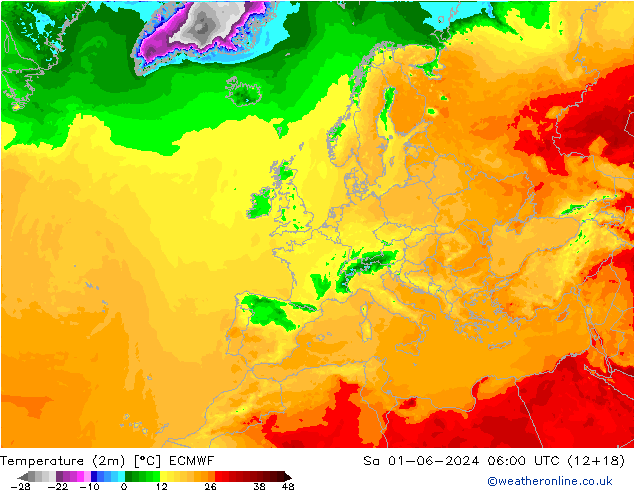 Temperatura (2m) ECMWF sab 01.06.2024 06 UTC