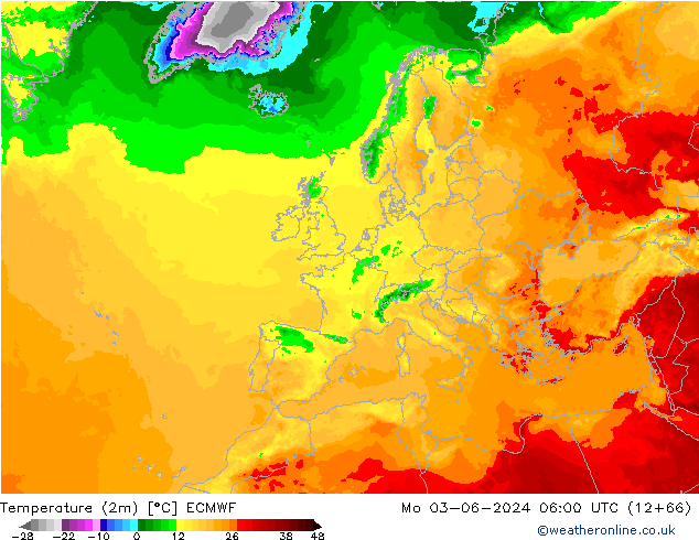 Temperatuurkaart (2m) ECMWF ma 03.06.2024 06 UTC