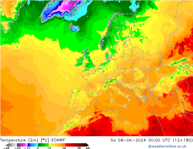 Temperaturkarte (2m) ECMWF Sa 08.06.2024 00 UTC