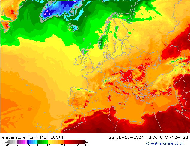 Temperature (2m) ECMWF Sa 08.06.2024 18 UTC