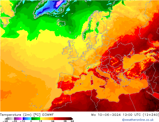 Temperaturkarte (2m) ECMWF Mo 10.06.2024 12 UTC