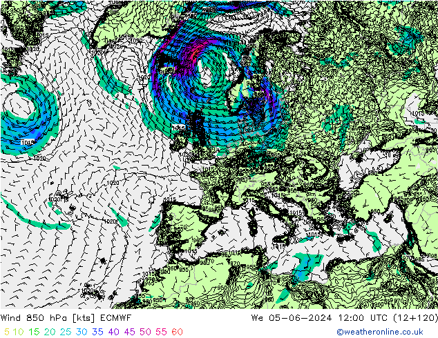 Wind 850 hPa ECMWF Mi 05.06.2024 12 UTC