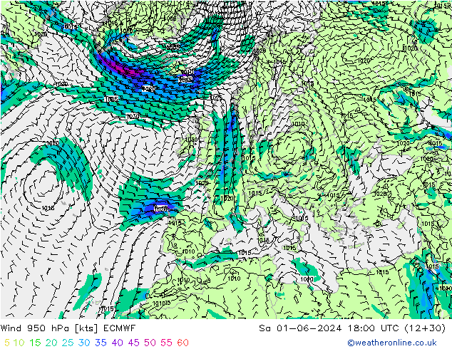 Rüzgar 950 hPa ECMWF Cts 01.06.2024 18 UTC