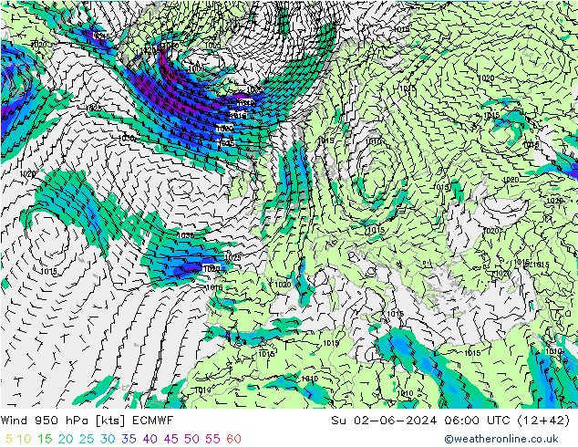 Wind 950 hPa ECMWF zo 02.06.2024 06 UTC
