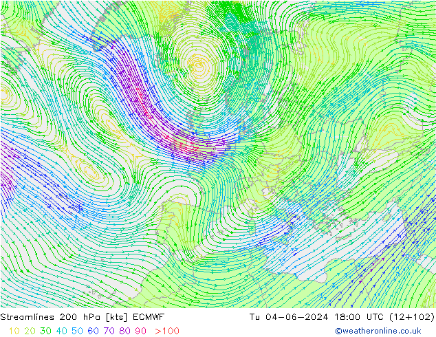 Streamlines 200 hPa ECMWF Út 04.06.2024 18 UTC