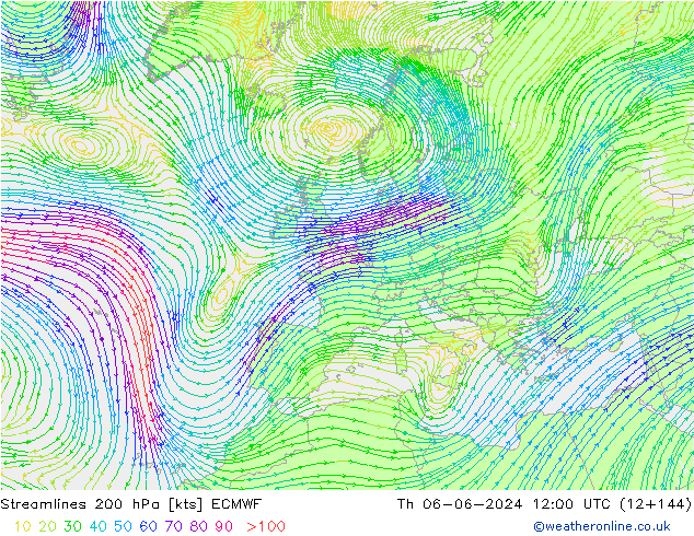 Linea di flusso 200 hPa ECMWF gio 06.06.2024 12 UTC