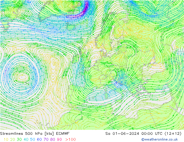 ветер 500 гПа ECMWF сб 01.06.2024 00 UTC