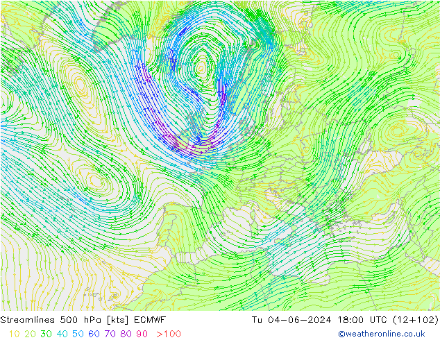 Linea di flusso 500 hPa ECMWF mar 04.06.2024 18 UTC