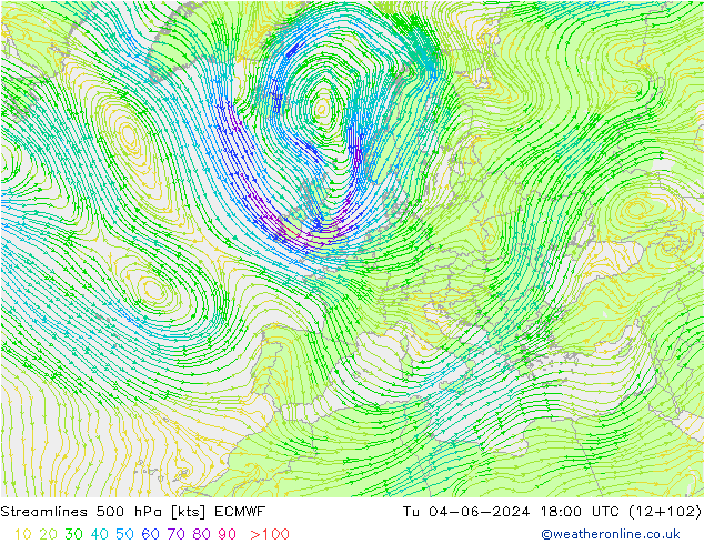 Streamlines 500 hPa ECMWF Út 04.06.2024 18 UTC